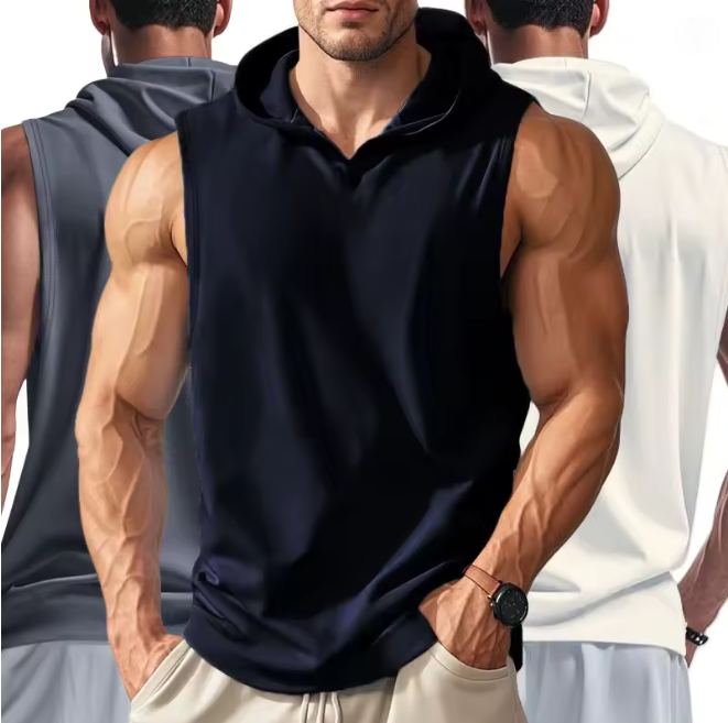Men's Running Tank Tops Sleeveless Gym Sport T-shirt Fitness Training Workout Tee Tops Sportwear Hooded Solid Summer Men Vest